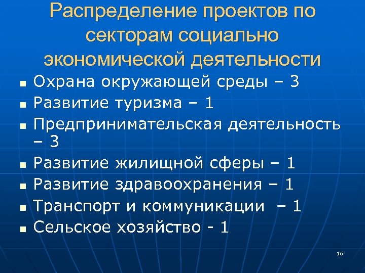 Распределение проектов по секторам социально экономической деятельности n n n n Охрана окружающей среды