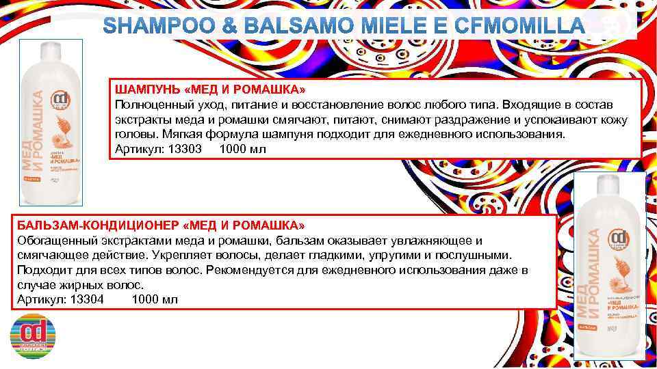 ШАМПУНЬ «МЕД И РОМАШКА» Полноценный уход, питание и восстановление волос любого типа. Входящие в