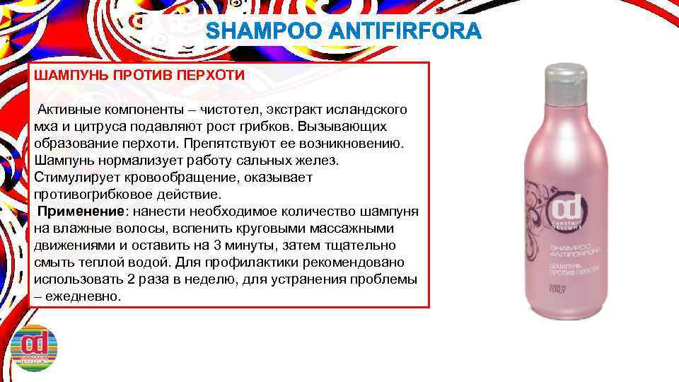 ШАМПУНЬ ПРОТИВ ПЕРХОТИ Активные компоненты – чистотел, экстракт исландского мха и цитруса подавляют рост