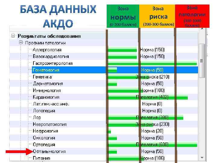 Зона нормы (0 -200 баллов) Зона риска (200 -300 баллов) Зона патологии (300 -1000