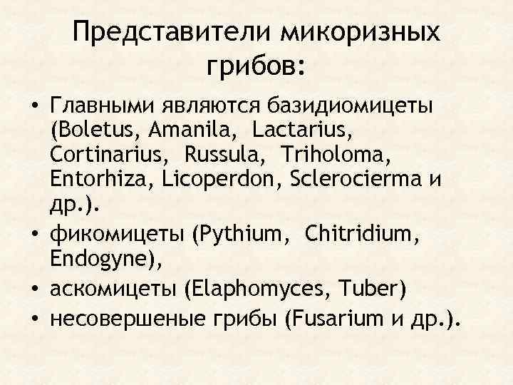 Представители микоризных грибов: • Главными являются базидиомицеты (Boletus, Amanila, Lactarius, Cortinarius, Russula, Triholoma, Entorhiza,