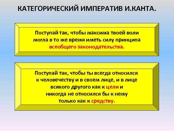 КАТЕГОРИЧЕСКИЙ ИМПЕРАТИВ И. КАНТА. Поступай так, чтобы максима твоей воли могла в то же