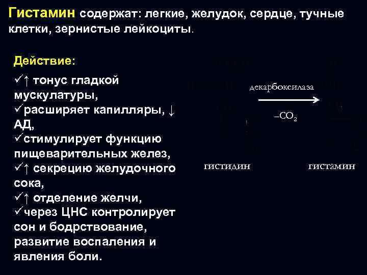 Гистамин содержат: легкие, желудок, сердце, тучные клетки, зернистые лейкоциты. Действие: ü↑ тонус гладкой мускулатуры,