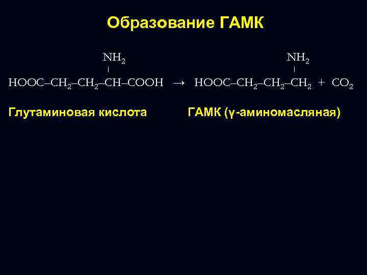 Образование ГАМК NH 2 ׀ НООС–СH 2–СH–COOH → НООС–СH 2–СH 2 + СО 2