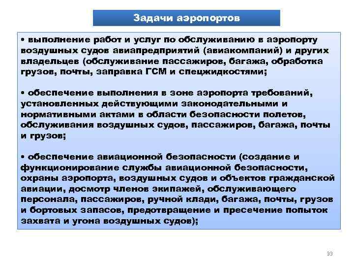 Задачи аэропортов • выполнение работ и услуг по обслуживанию в аэропорту воздушных судов авиапредприятий