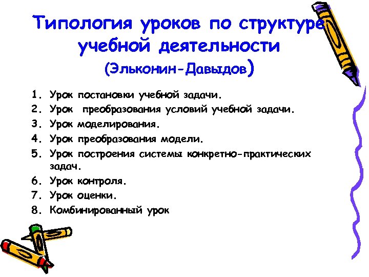 Типология уроков по структуре учебной деятельности (Эльконин-Давыдов) 1. 2. 3. 4. 5. Урок постановки