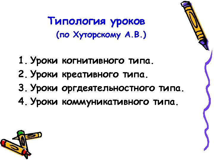 Типология уроков (по Хуторскому А. В. ) 1. Уроки 2. Уроки 3. Уроки 4.