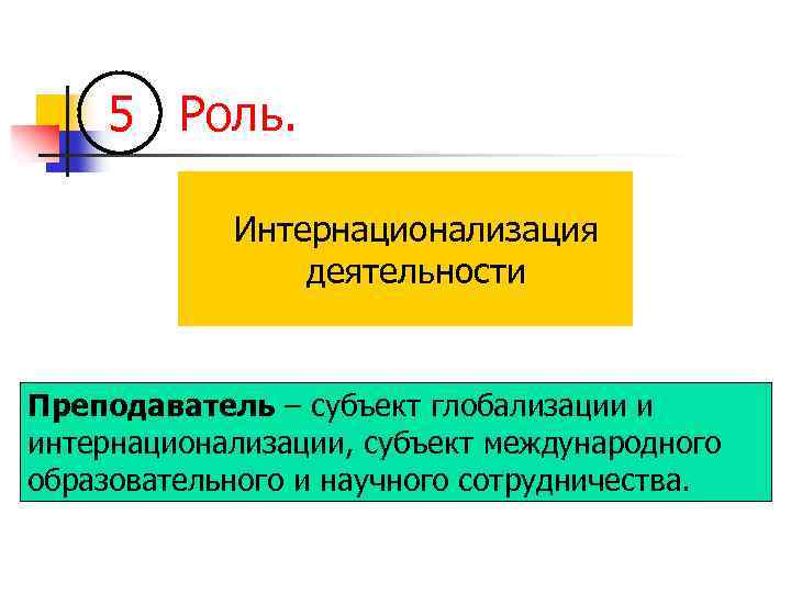 5 Роль. Интернационализация деятельности Преподаватель – субъект глобализации и интернационализации, субъект международного образовательного и