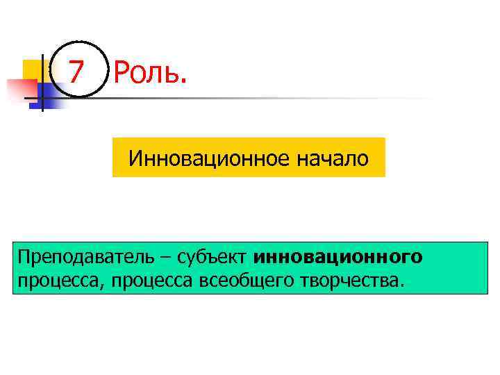 7 Роль. Инновационное начало Преподаватель – субъект инновационного процесса, процесса всеобщего творчества. 