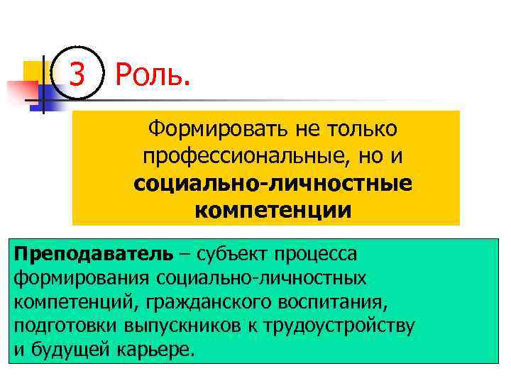 3 Роль. Формировать не только профессиональные, но и социально-личностные компетенции Преподаватель – субъект процесса