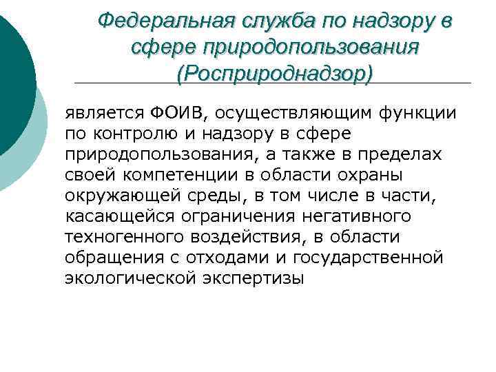 Федеральная служба по надзору в сфере природопользования (Росприроднадзор) является ФОИВ, осуществляющим функции по контролю