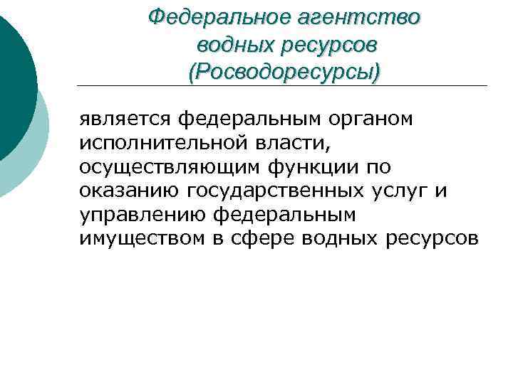 Федеральное агентство водных ресурсов (Росводоресурсы) является федеральным органом исполнительной власти, осуществляющим функции по оказанию