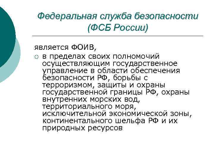 Федеральная служба безопасности (ФСБ России) является ФОИВ, ¡ в пределах своих полномочий осуществляющим государственное