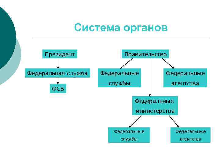 Система органов Президент Федеральная служба ФСБ Правительство Федеральные службы агентства Федеральные министерства Федеральные службы