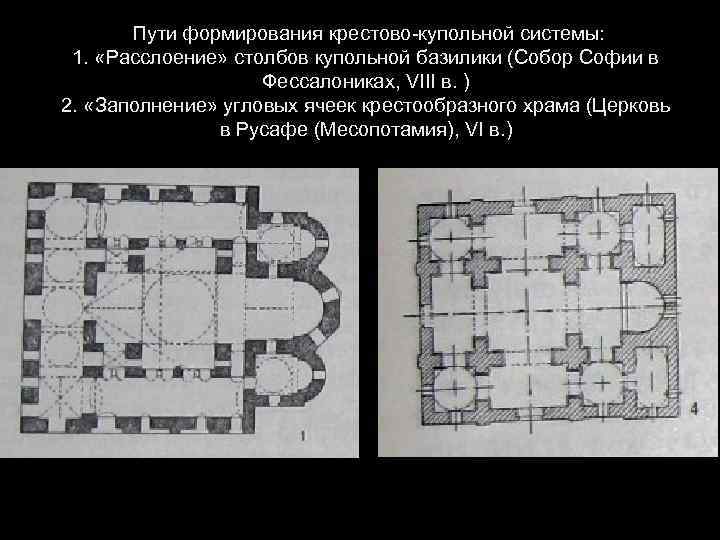  Пути формирования крестово-купольной системы: 1. «Расслоение» столбов купольной базилики (Собор Софии в Фессалониках,