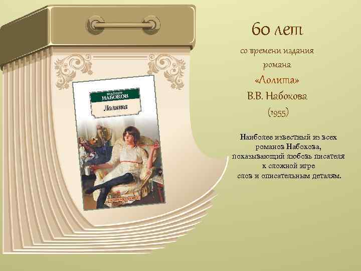 60 лет со времени издания романа «Лолита» В. В. Набокова (1955) Наиболее известный из