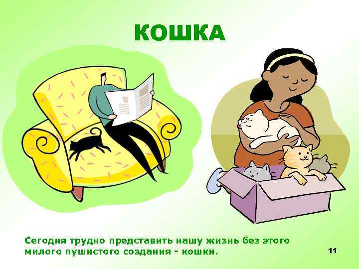 КОШКА Сегодня трудно представить нашу жизнь без этого милого пушистого создания - кошки. 11