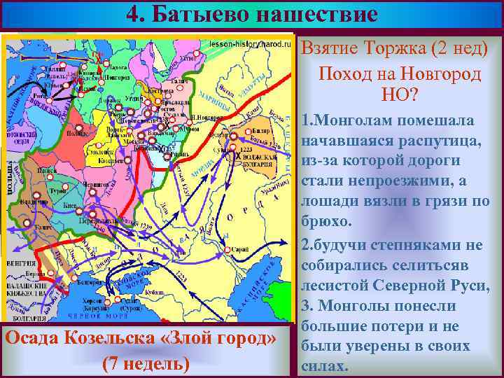 4. Батыево нашествие Меню Взятие Торжка (2 нед) Поход на Новгород НО? Осада Козельска