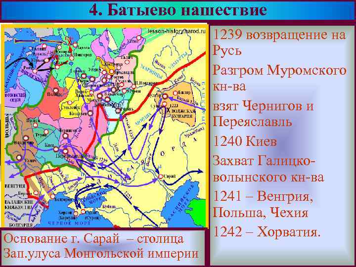 4. Батыево нашествие Основание г. Сарай – столица Зап. улуса Монгольской империи Меню 1239