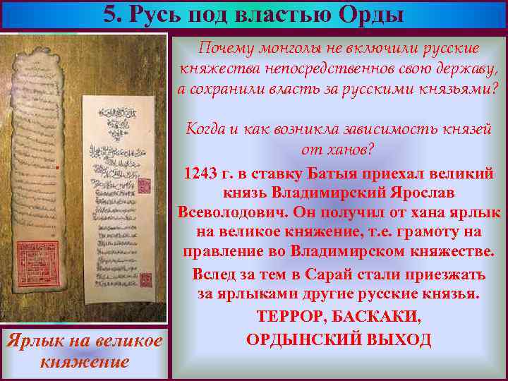 5. Русь под властью Орды Меню Почему монголы не включили русские княжества непосредственнов свою