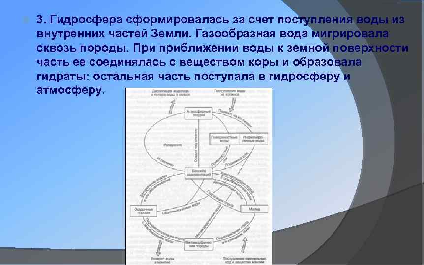  3. Гидросфера сформировалась за счет поступления воды из внутренних частей Земли. Газообразная вода
