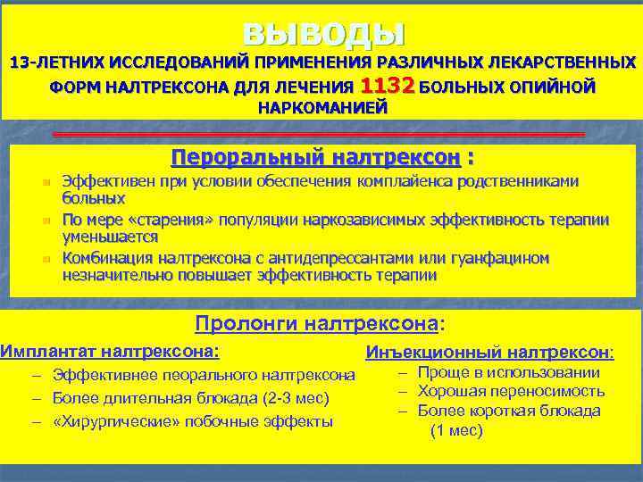 выводы 13 -ЛЕТНИХ ИССЛЕДОВАНИЙ ПРИМЕНЕНИЯ РАЗЛИЧНЫХ ЛЕКАРСТВЕННЫХ ФОРМ НАЛТРЕКСОНА ДЛЯ ЛЕЧЕНИЯ 1132 БОЛЬНЫХ ОПИЙНОЙ