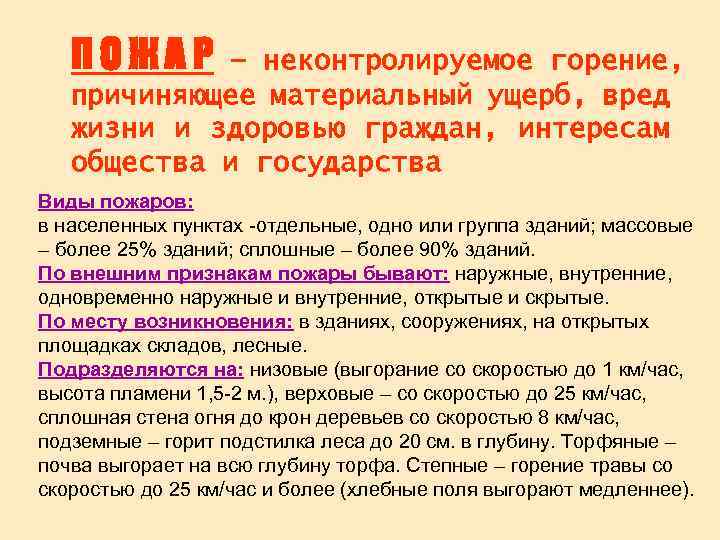 ПОЖАР – неконтролируемое горение, причиняющее материальный ущерб, вред жизни и здоровью граждан, интересам общества