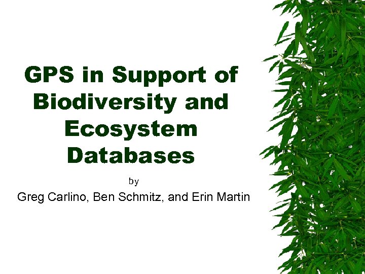 GPS in Support of Biodiversity and Ecosystem Databases by Greg Carlino, Ben Schmitz, and