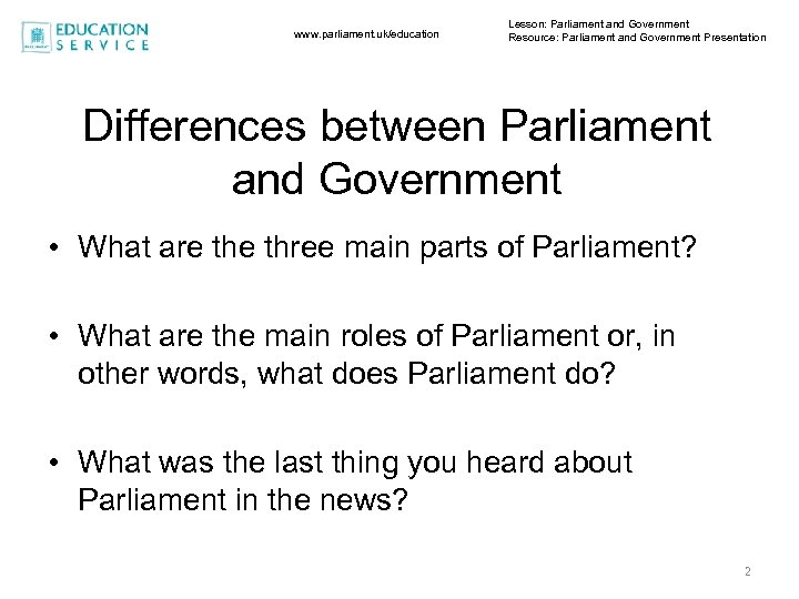 www. parliament. uk/education Lesson: Parliament and Government Resource: Parliament and Government Presentation Differences between
