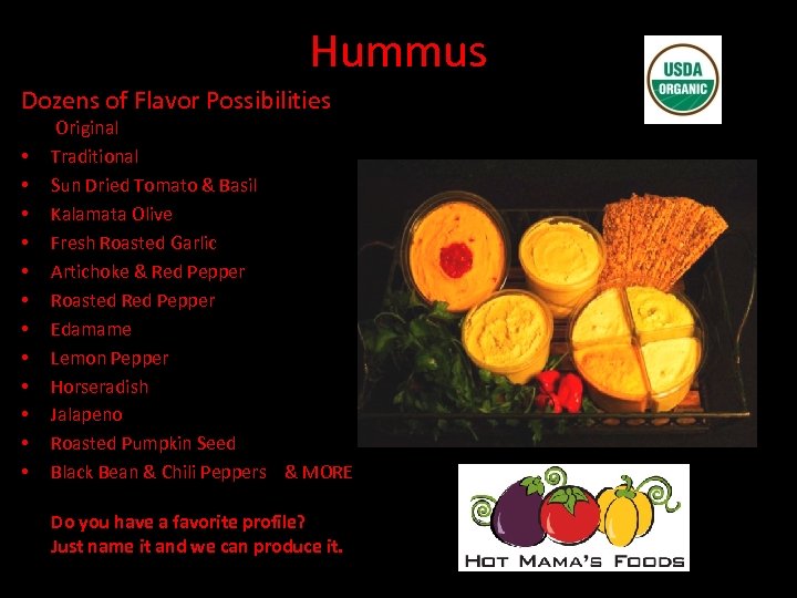 Hummus Dozens of Flavor Possibilities • • • Original Traditional Sun Dried Tomato &