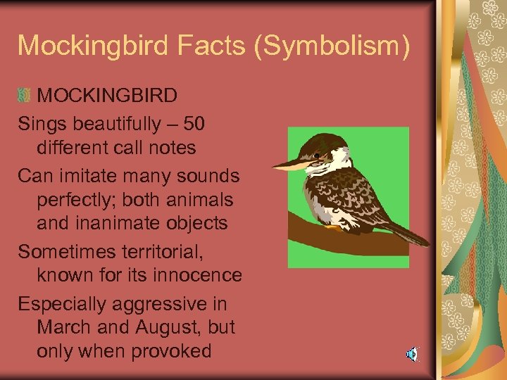 Mockingbird Facts (Symbolism) MOCKINGBIRD Sings beautifully – 50 different call notes Can imitate many