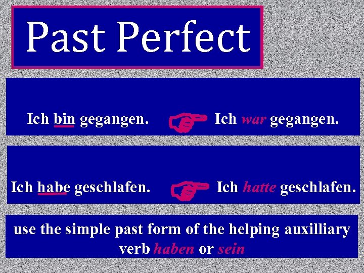 Past Perfect Ich bin gegangen. Ich habe geschlafen. F F Ich war gegangen. Ich