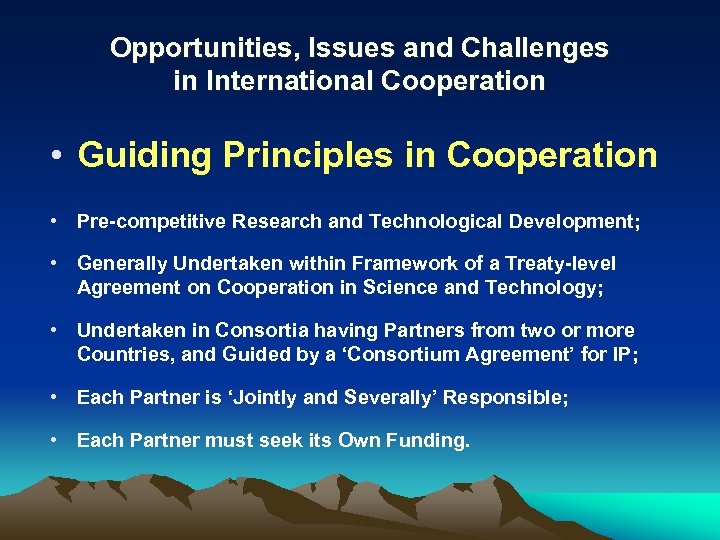 Opportunities, Issues and Challenges in International Cooperation • Guiding Principles in Cooperation • Pre-competitive