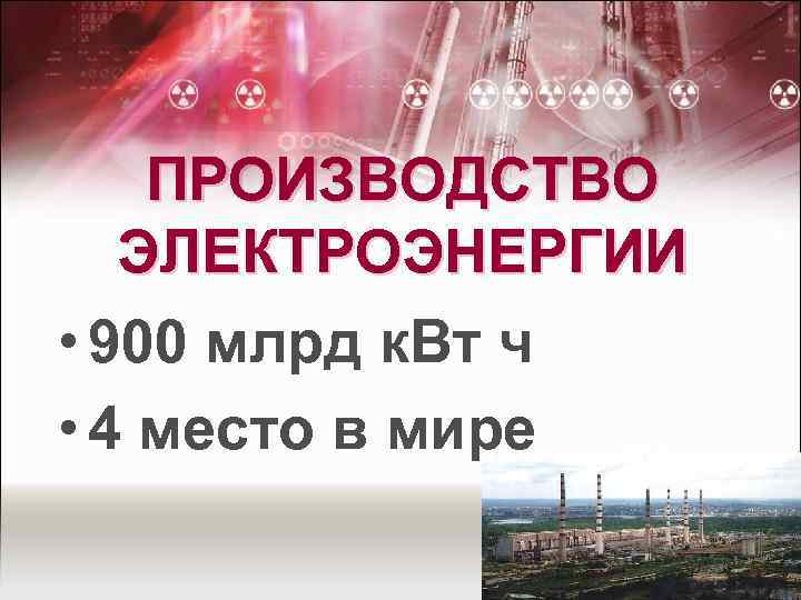 ПРОИЗВОДСТВО ЭЛЕКТРОЭНЕРГИИ • 900 млрд к. Вт ч • 4 место в мире 