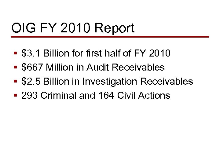 OIG FY 2010 Report § § $3. 1 Billion for first half of FY