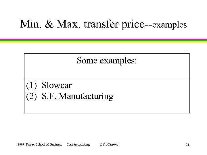 Min. & Max. transfer price--examples Some examples: (1) Slowcar (2) S. F. Manufacturing 2009