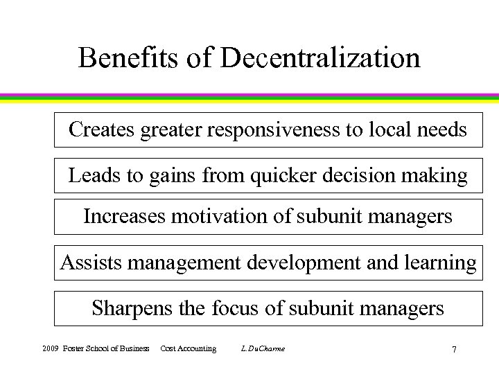 Benefits of Decentralization Creates greater responsiveness to local needs Leads to gains from quicker