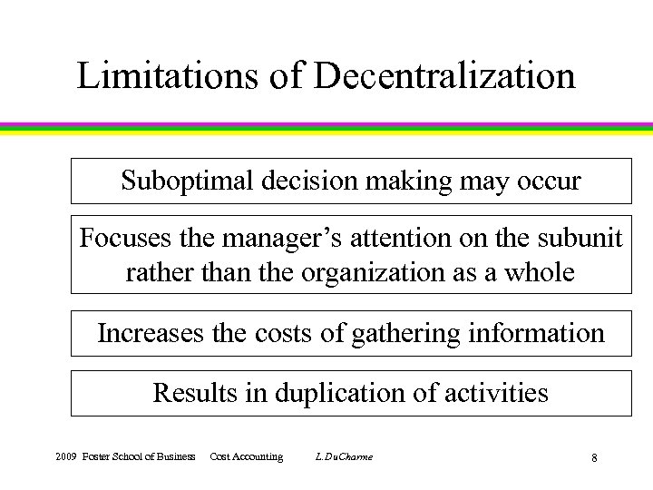 Limitations of Decentralization Suboptimal decision making may occur Focuses the manager’s attention on the