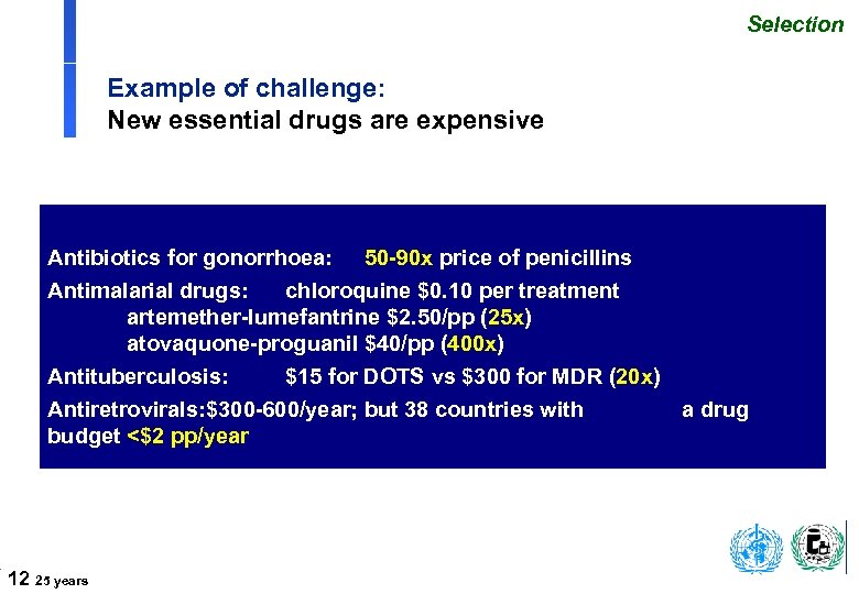 Selection Example of challenge: New essential drugs are expensive Antibiotics for gonorrhoea: 50 -90