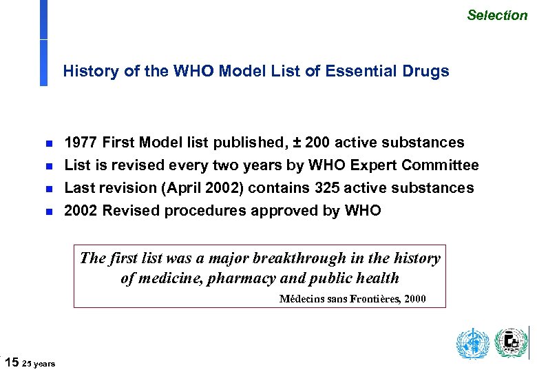 Selection History of the WHO Model List of Essential Drugs n 1977 First Model