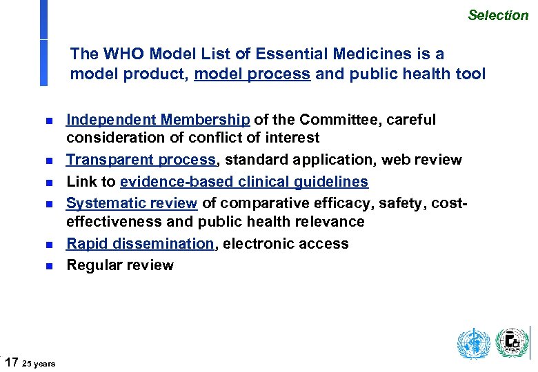 Selection The WHO Model List of Essential Medicines is a model product, model process