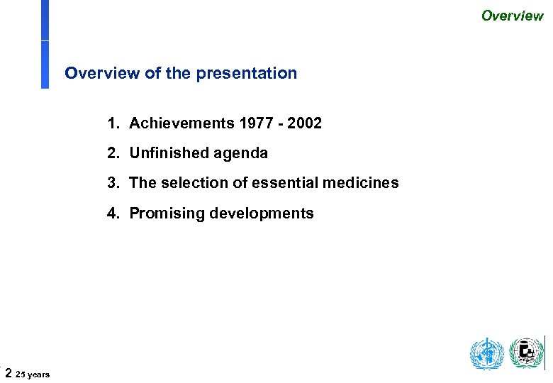 Overview of the presentation 1. Achievements 1977 - 2002 2. Unfinished agenda 3. The