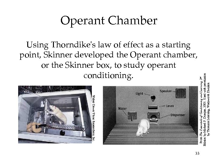 Using Thorndike's law of effect as a starting point, Skinner developed the Operant chamber,