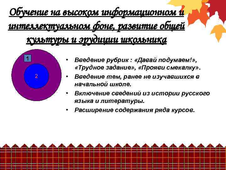 Обучение на высоком информационном и интеллектуальном фоне, развитие общей культуры и эрудиции школьника 1