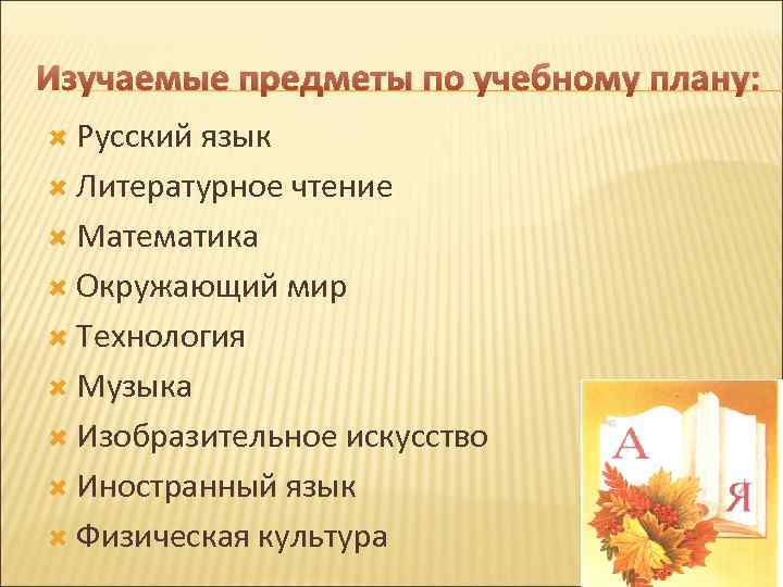 Изучаемые предметы по учебному плану: Русский язык Литературное чтение Математика Окружающий мир Технология Музыка