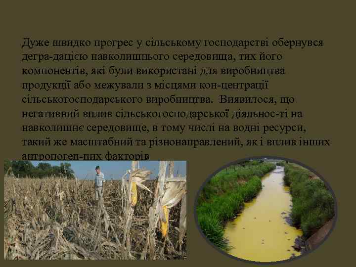 Дуже швидко прогрес у сільському господарстві обернувся дегра дацією навколишнього середовища, тих його компонентів,