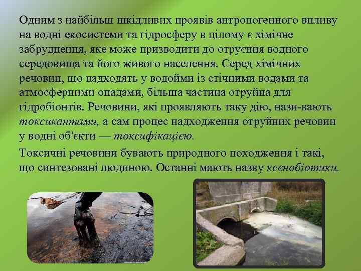 Одним з найбільш шкідливих проявів антропогенного впливу на водні екосистеми та гідросферу в цілому