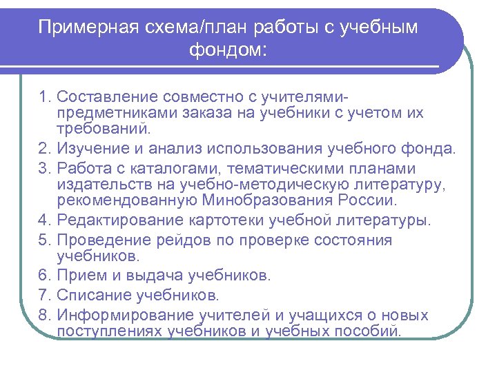 Примерная схема/план работы с учебным фондом: 1. Составление совместно с учителямипредметниками заказа на учебники