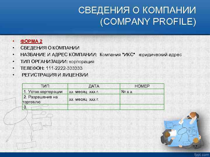 СВЕДЕНИЯ О КОМПАНИИ (COMPANY PROFILE) • • • ФОРМА 2 СВЕДЕНИЯ О КОМПАНИИ НАЗВАНИЕ