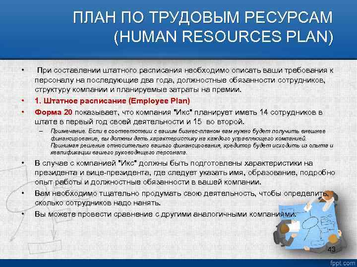 ПЛАН ПО ТРУДОВЫМ РЕСУРСАМ (HUMAN RESOURCES PLAN) • • • При составлении штатного расписания
